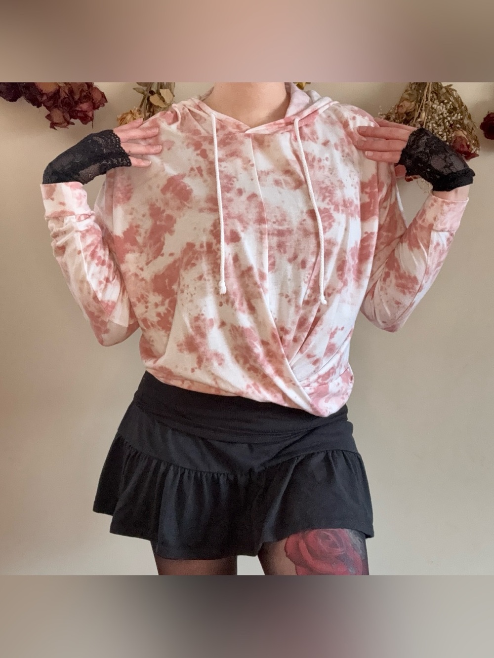 flirtitude Boho Dusty Pink and White Tie-Dye Hoodie